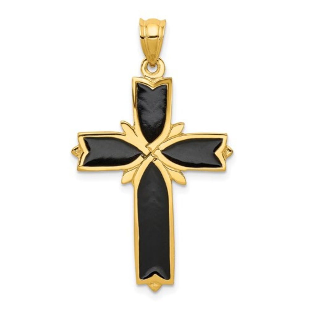 14k Yellow Gold with Black Enamel Religious Latin Cross Necklace Charm Pendant